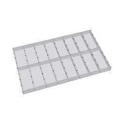 Slot-together compartment tray assembled from flat panels, with seven lengthwise dividers and eight cross dividers forming sixteen compartments