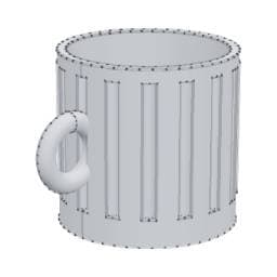 Fluted espresso mug with sixteen vertical flutes between a smooth foot band and rim, and a round ring handle on one side