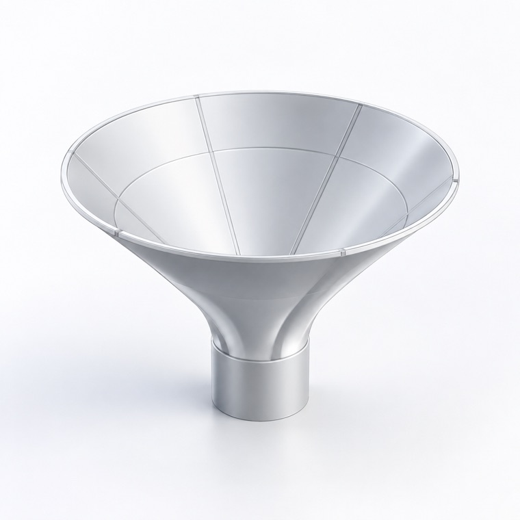 Bottle funnel with a wide conical mouth, six external support ribs and a narrow spout sized to drop into a bottle neck