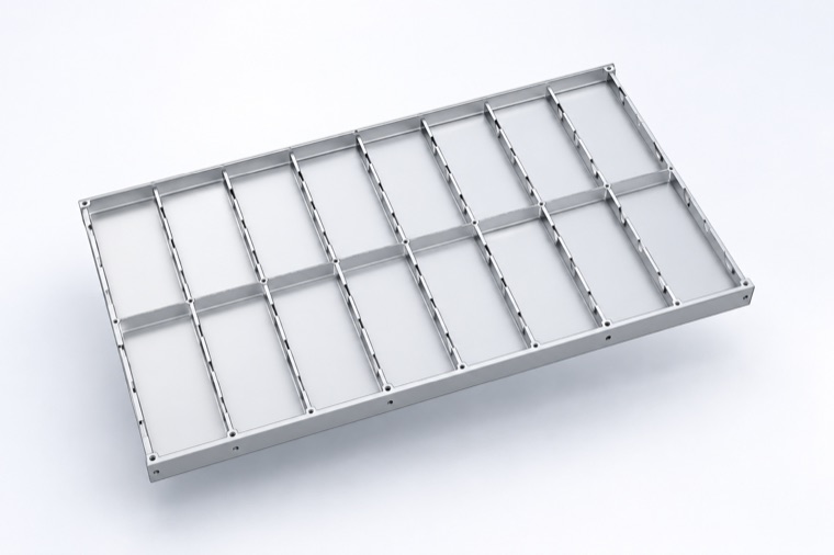 Slot-together compartment tray assembled from flat panels, with seven lengthwise dividers and eight cross dividers forming sixteen compartments