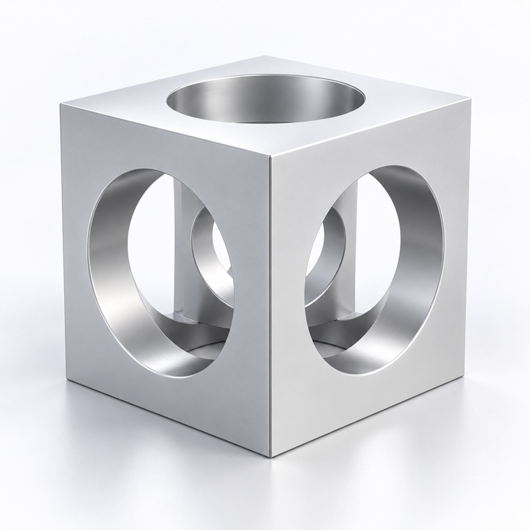 Turner's cube: an 80 mm cube with circular openings on each face revealing three smaller cubes nested inside it
